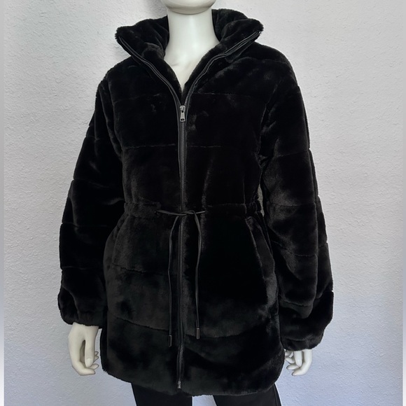 NWT ELIE TAHARI Faux Fur Coat Black Zipped Stand-Up Collar Winter Casual Jacket - Picture 8 of 15